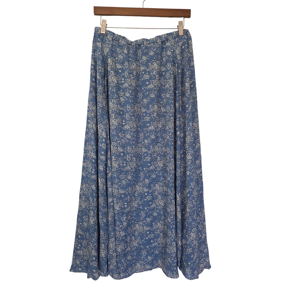 Max Studio Midi Skirt Textured Crepe Elastic Waist Women Large Blue Floral NWOT
